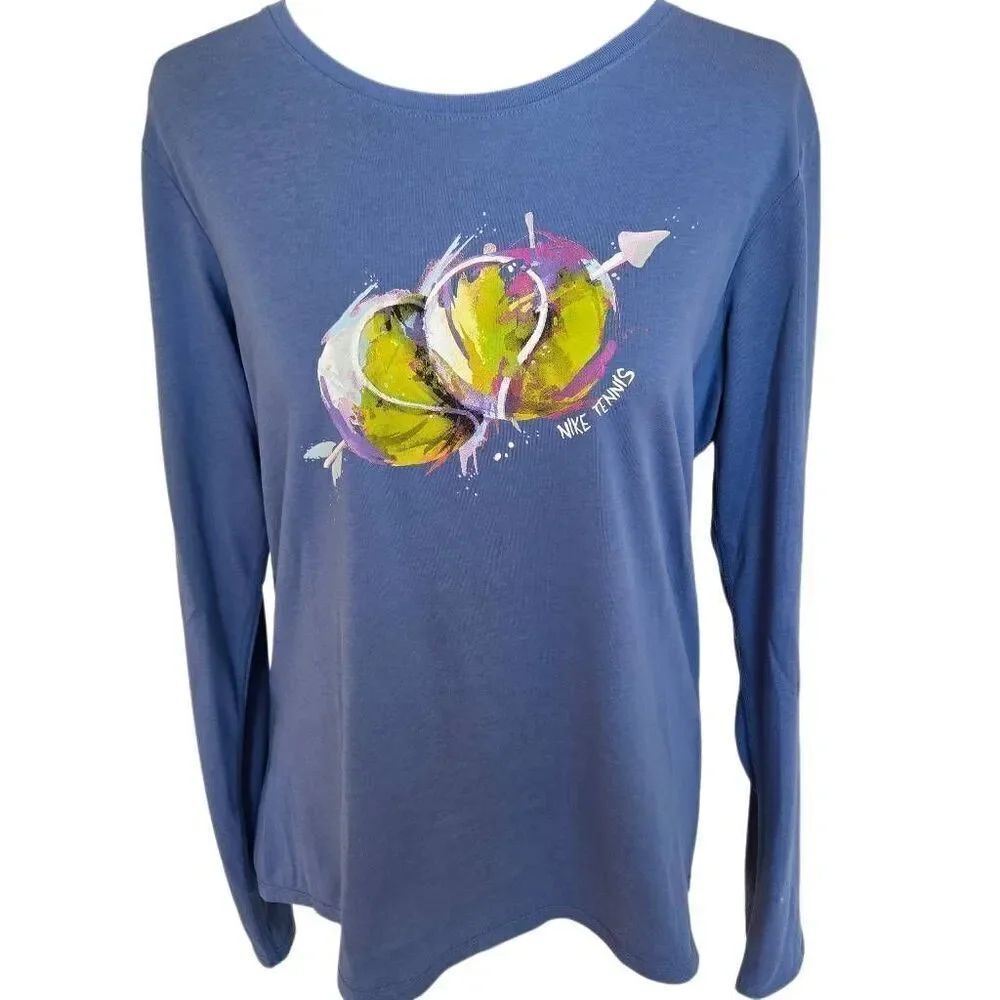 Nike Womens Dri Fit Long Sleeve Tennis Ball Graphic Tee Shirt Size Large